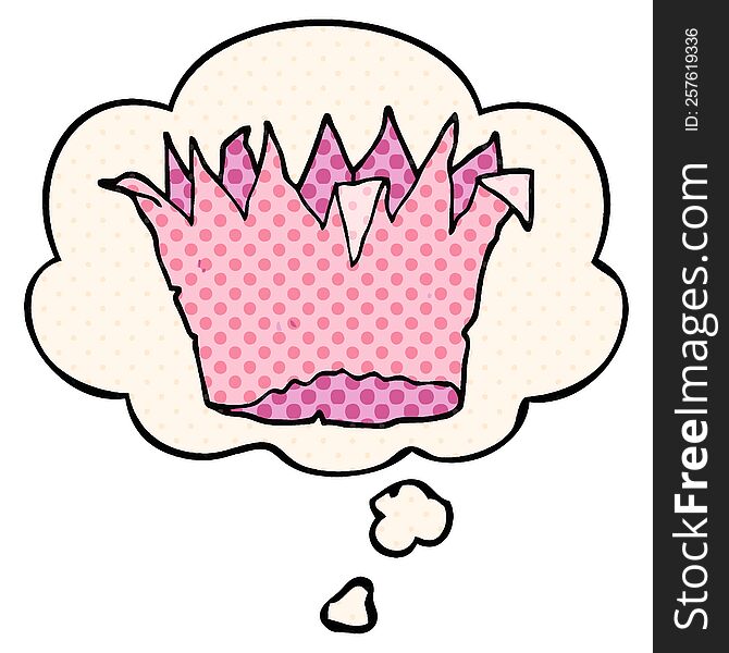 cartoon paper crown with thought bubble in comic book style