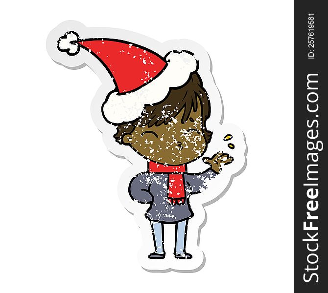 Distressed Sticker Cartoon Of A Woman Thinking Wearing Santa Hat