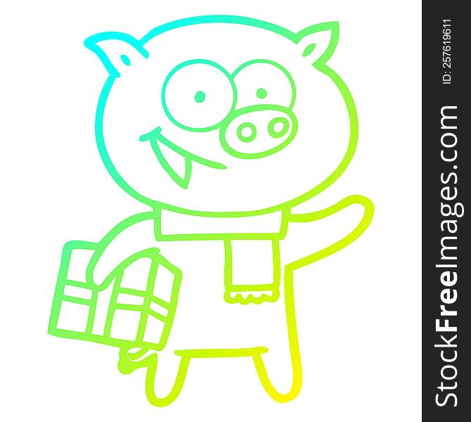 cold gradient line drawing of a cheerful pig with christmas gift