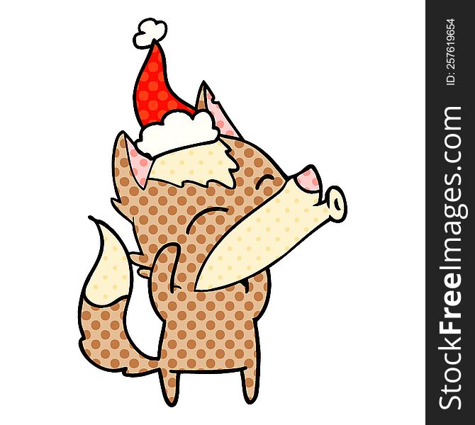 howling wolf hand drawn comic book style illustration of a wearing santa hat