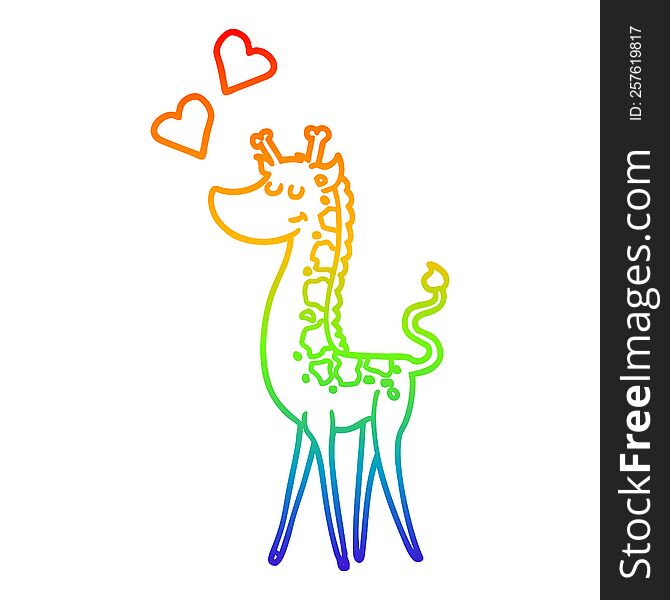 rainbow gradient line drawing of a cartoon giraffe with love heart