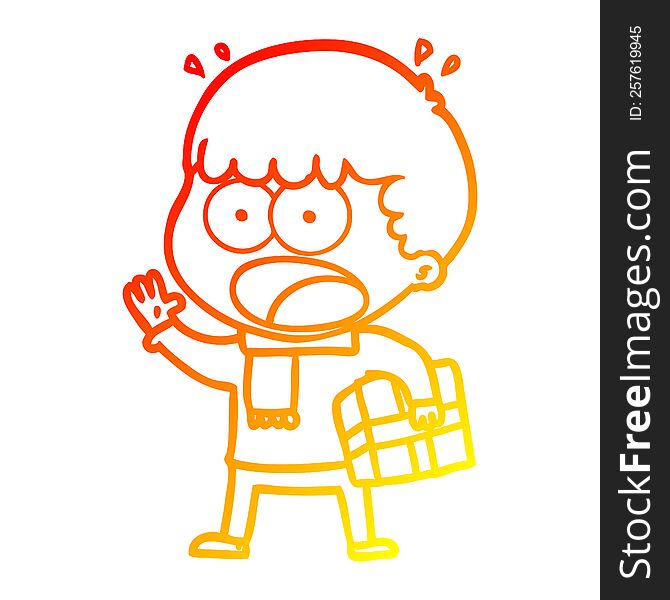 warm gradient line drawing of a cartoon shocked man with gift