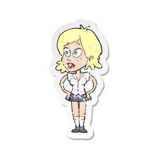 Retro Distressed Sticker Of A Cartoon Woman With Hands On Hips Stock Image