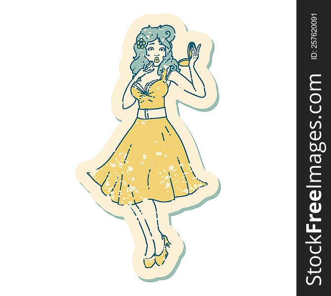 distressed sticker tattoo style icon  of a pinup surprised girl