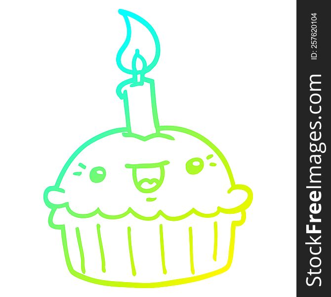 cold gradient line drawing of a cartoon cupcake with candle