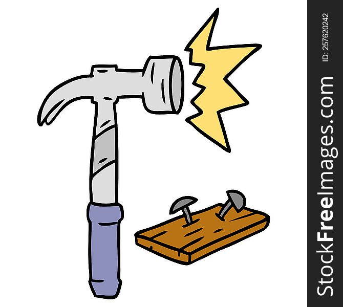 hand drawn cartoon doodle of a hammer and nails