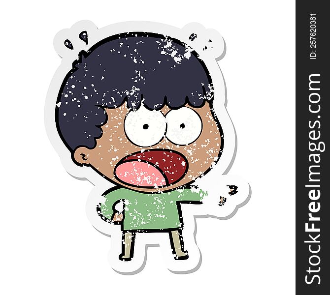 Distressed Sticker Of A Cartoon Shocked Man Pointing