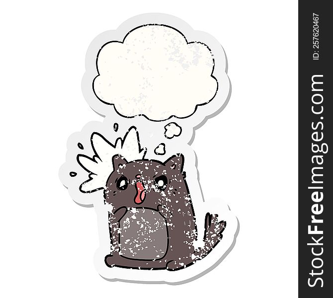 Cartoon Shocked Cat And Thought Bubble As A Distressed Worn Sticker
