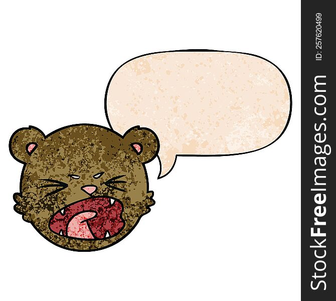cute cartoon teddy bear face with speech bubble in retro texture style