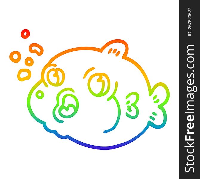 Rainbow Gradient Line Drawing Cartoon Fish Blowing Bubbles