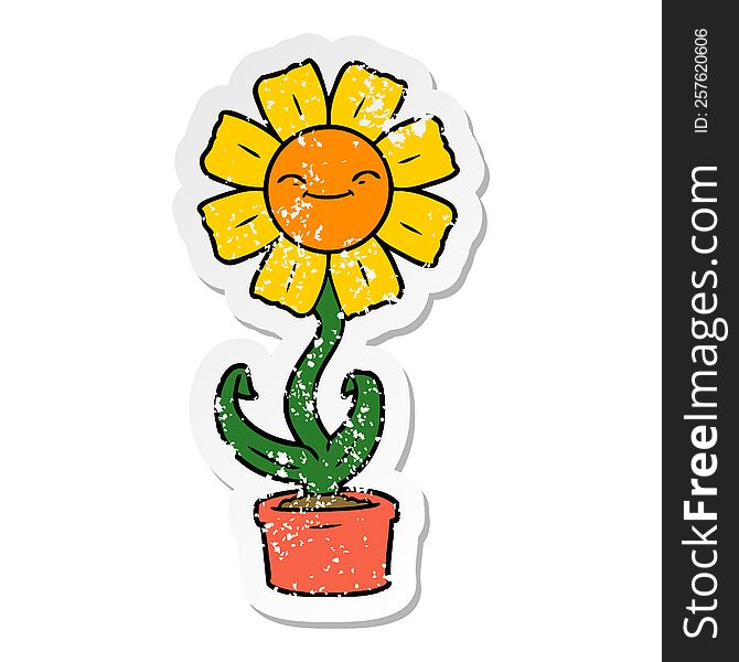 distressed sticker of a happy cartoon flower