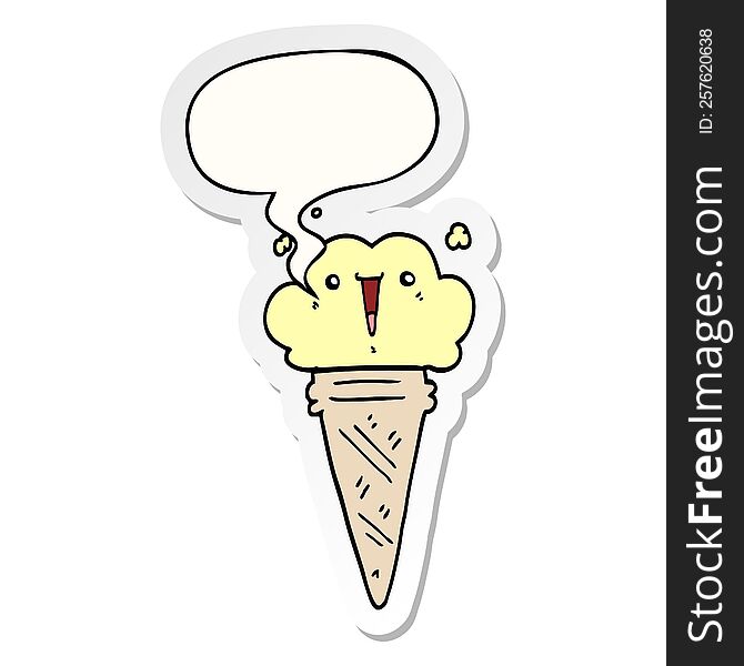 cartoon ice cream with face with speech bubble sticker. cartoon ice cream with face with speech bubble sticker