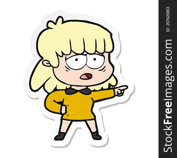 Sticker Of A Cartoon Tired Woman Pointing
