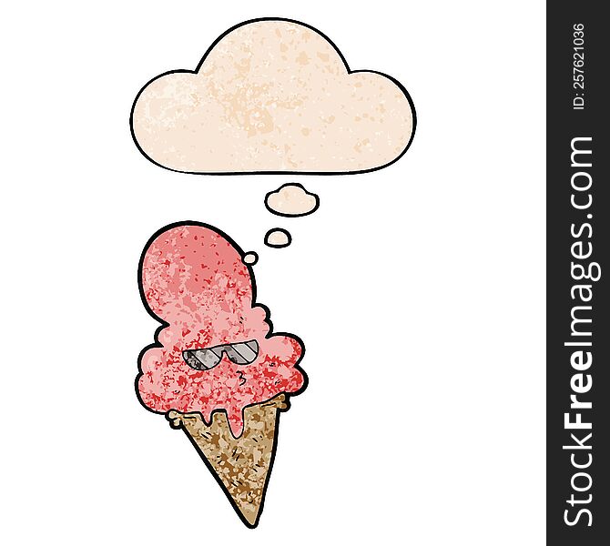 cartoon cool ice cream with thought bubble in grunge texture style. cartoon cool ice cream with thought bubble in grunge texture style