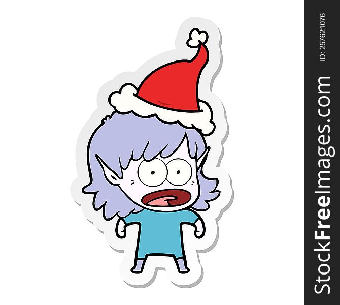 Sticker Cartoon Of A Shocked Elf Girl Wearing Santa Hat