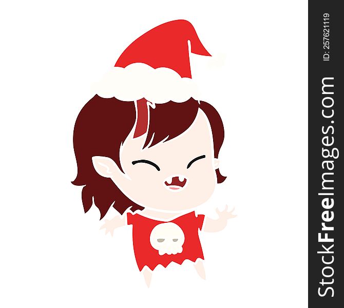 hand drawn flat color illustration of a laughing vampire girl wearing santa hat