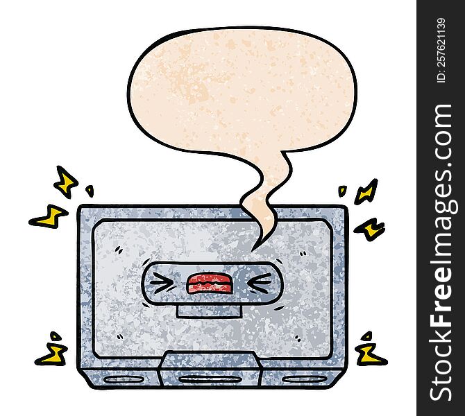 cartoon angry old cassette tape with speech bubble in retro texture style