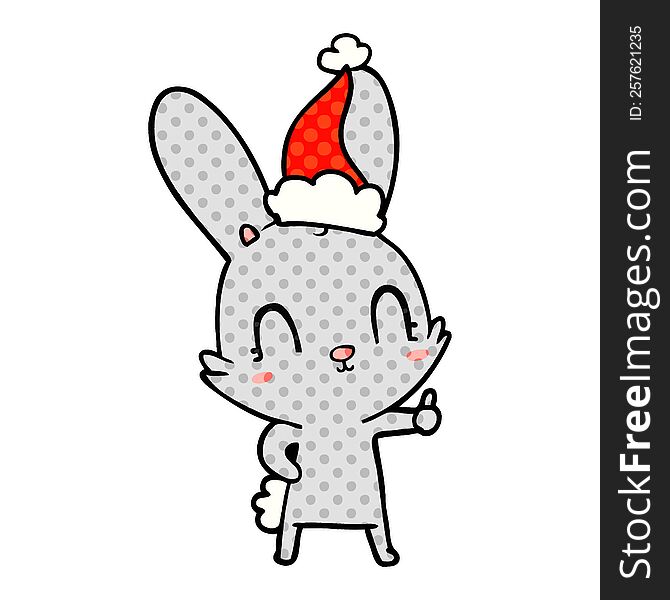 Cute Comic Book Style Illustration Of A Rabbit Wearing Santa Hat