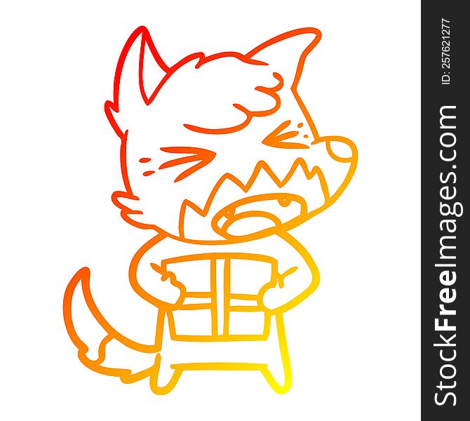 warm gradient line drawing of a angry cartoon fox with christmas present
