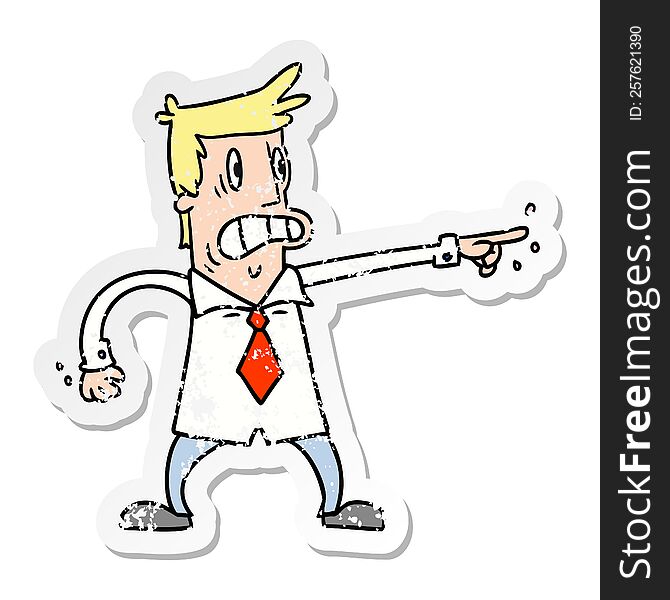 Distressed Sticker Cartoon Doodle Man Pointing Looking Worried