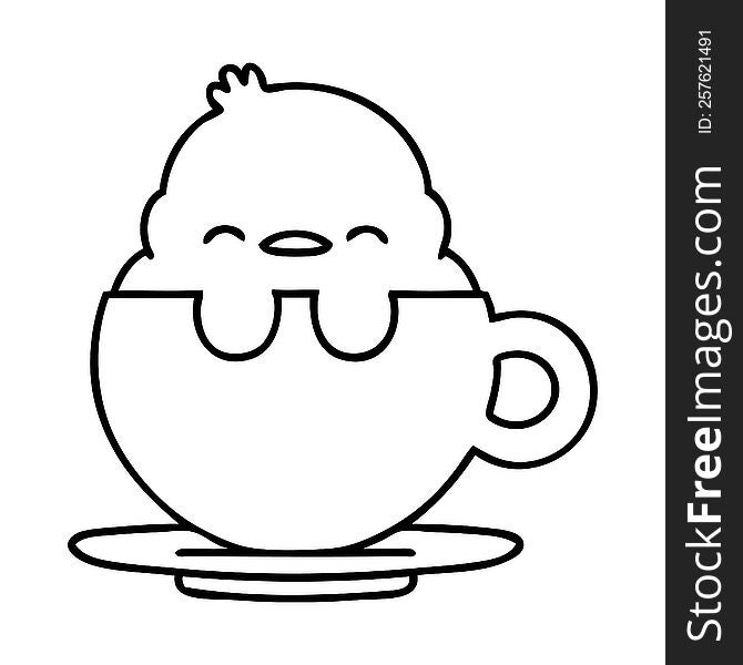 line doodle of a cute baby bird sitting in a tea cup. line doodle of a cute baby bird sitting in a tea cup