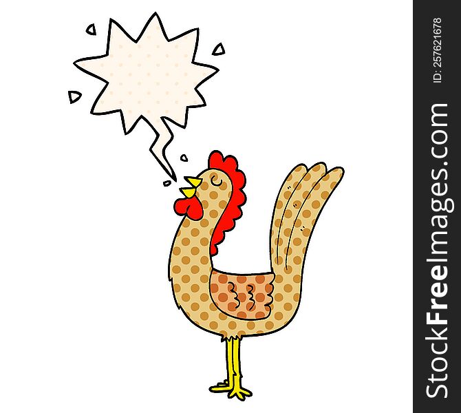 cartoon rooster with speech bubble in comic book style
