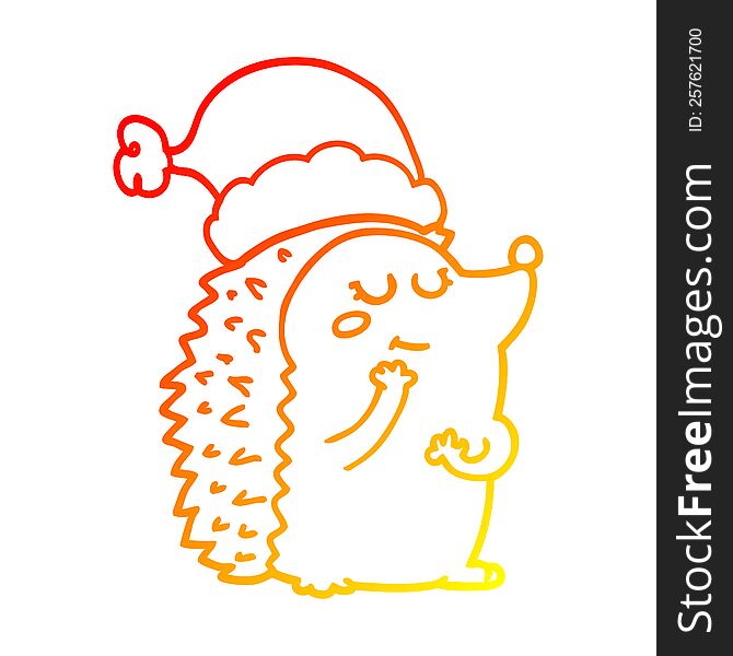 Warm Gradient Line Drawing Cartoon Hedgehog Wearing Christmas Hat