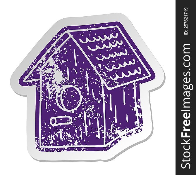 distressed old sticker of a wooden bird house