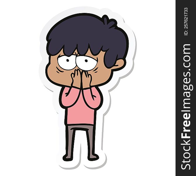 sticker of a cartoon exhausted boy