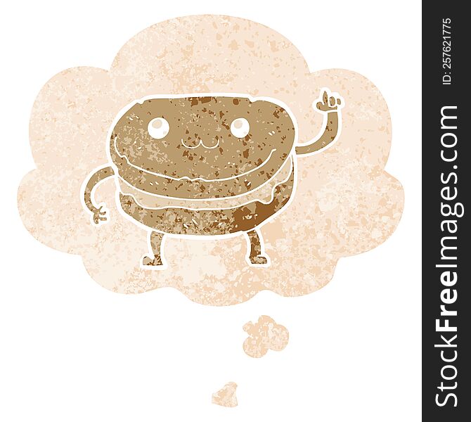 cartoon waving cake character with thought bubble in grunge distressed retro textured style. cartoon waving cake character with thought bubble in grunge distressed retro textured style