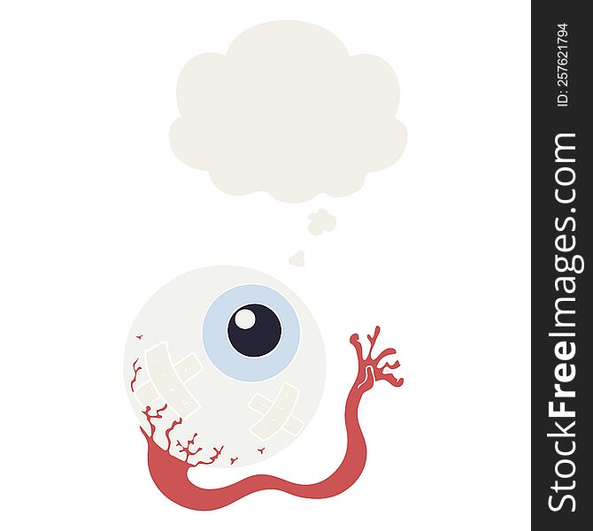cartoon injured eyeball with thought bubble in retro style