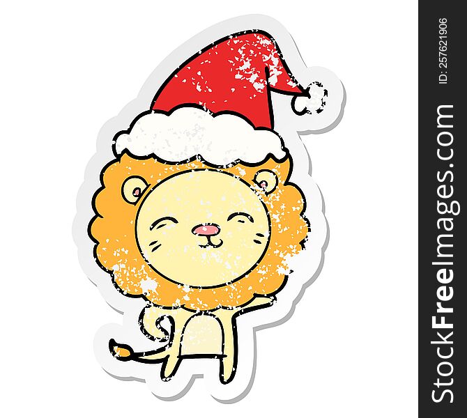 Distressed Sticker Cartoon Of A Lion Wearing Santa Hat
