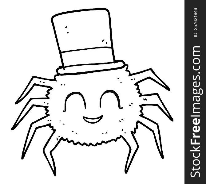 freehand drawn black and white cartoon spider wearing top hat