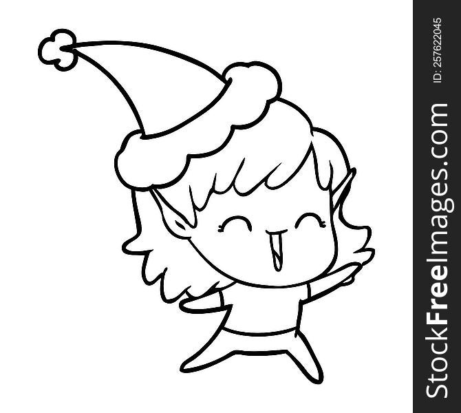 hand drawn line drawing of a elf girl wearing santa hat