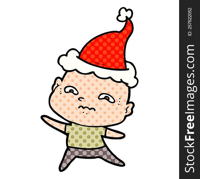hand drawn comic book style illustration of a nervous man wearing santa hat