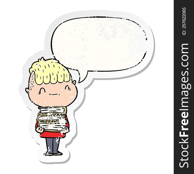 cartoon friendly boy and books and speech bubble distressed sticker