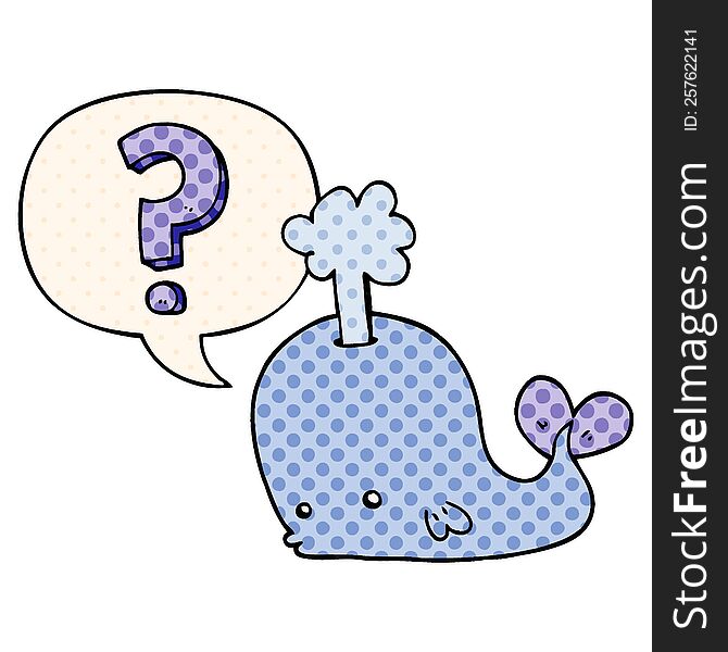 cartoon curious whale with speech bubble in comic book style