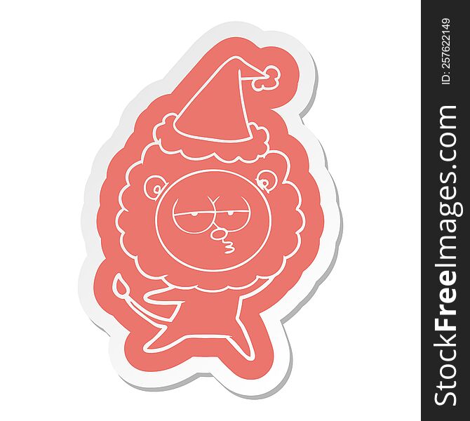Cartoon  Sticker Of A Bored Lion Wearing Santa Hat