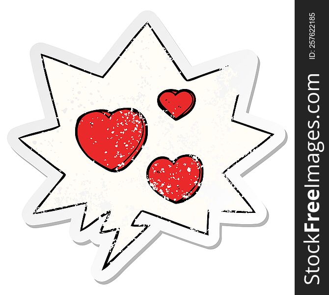 cartoon love hearts with speech bubble distressed distressed old sticker. cartoon love hearts with speech bubble distressed distressed old sticker