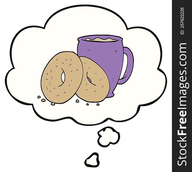 cartoon coffee and donuts with thought bubble