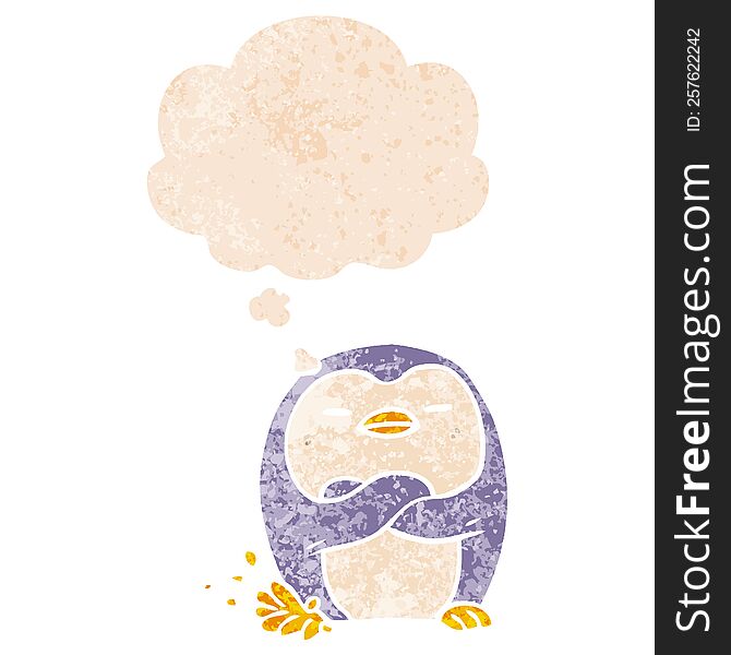 Cartoon Penguin Tapping Foot And Thought Bubble In Retro Textured Style