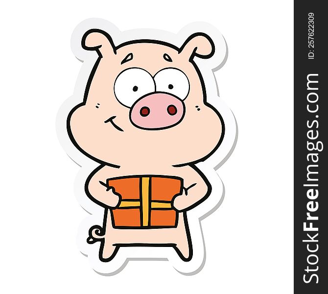 sticker of a happy cartoon pig holding christmas present