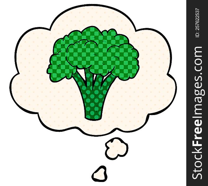 cartoon brocoli with thought bubble in comic book style