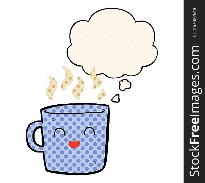 cute coffee cup cartoon with thought bubble in comic book style