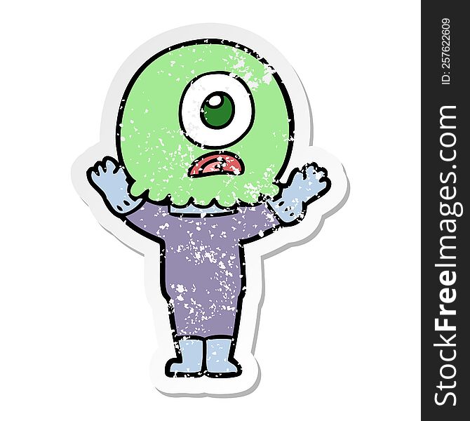 Distressed Sticker Of A Cartoon Cyclops Alien Spaceman