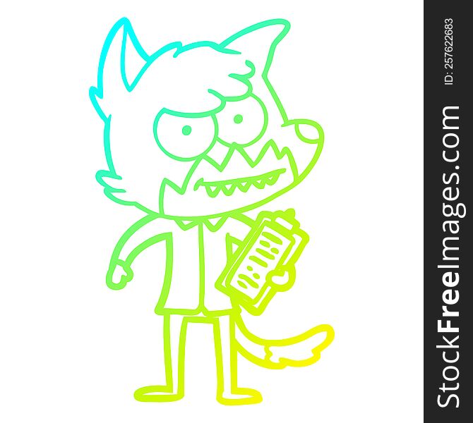 cold gradient line drawing of a cartoon grinning fox with clipboard