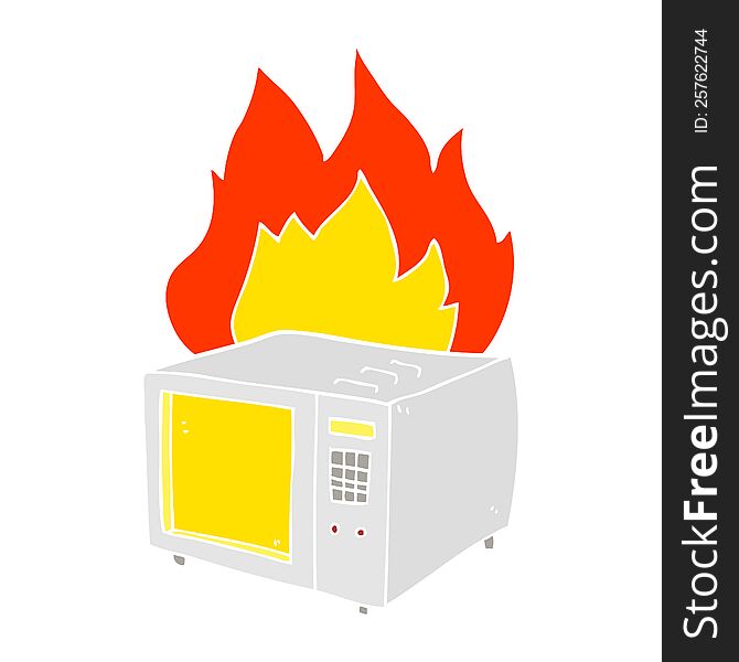 Flat Color Illustration Of A Cartoon Microwave On Fire