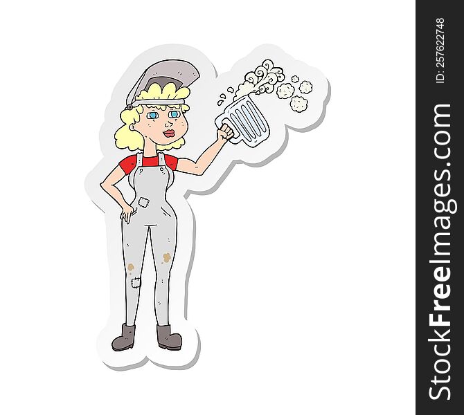 sticker of a cartoon hard working woman with beer