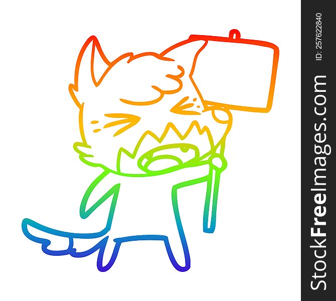 Rainbow Gradient Line Drawing Angry Cartoon Fox With Sign