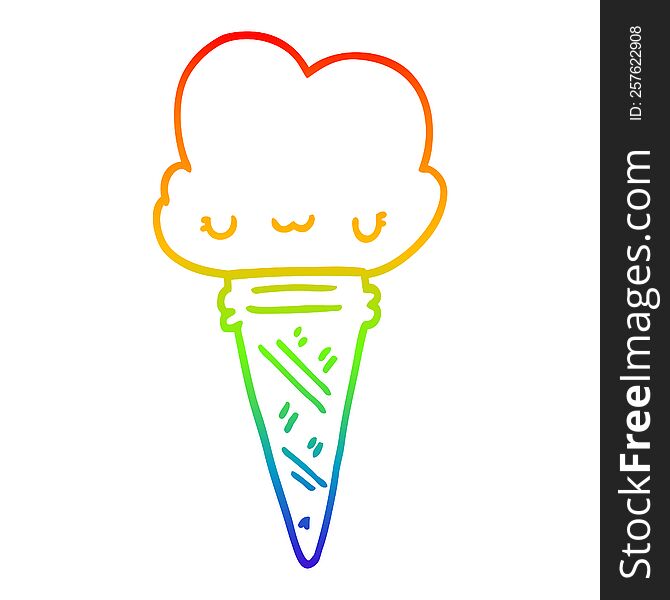 rainbow gradient line drawing of a cartoon ice cream with face